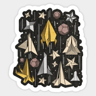 Reaching for the stars // illo // black background ivory grey brown and yellow origami paper asteroids stars and space ships traveling light speed Sticker